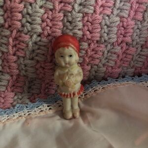 Vintage Mini Ceramic Frozen Girl Figurine in Cream and Red